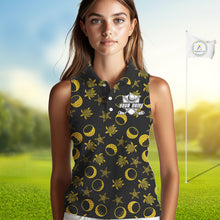 Load image into Gallery viewer, Black and Gold golf pattern Women sleeveless polo shirt Custom best ladies golf wear, golf gifts NQS10130