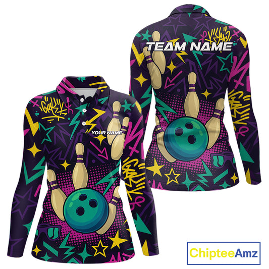 Custom purple graffiti pattern funny Bowling shirts for Women, bowling team league jerseys with Name NQS10270