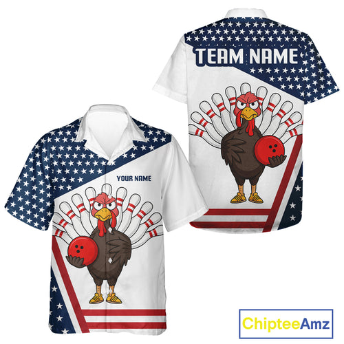 American Flag Funny Turkey Bowling Hawaiian Shirt custom patriotic bowling team button up shirt NQS10272
