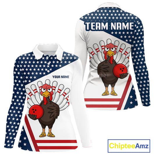 American Flag Funny Turkey Bowling Polo, 1/4 Zip shirt for Women custom patriotic bowling team jersey NQS10272
