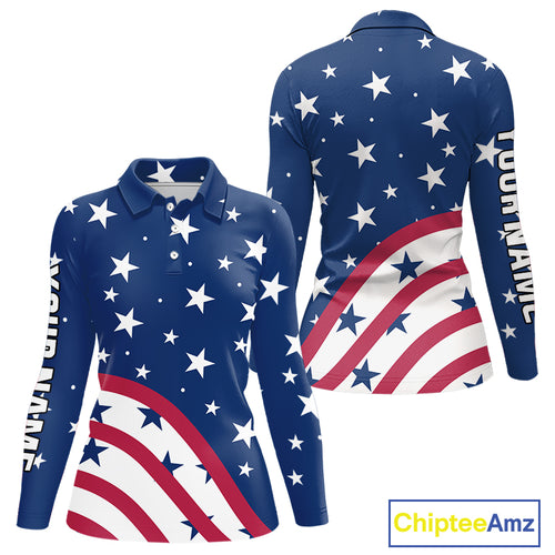 Red, White & Blue stars pattern Women golf polo shirts Custom American Flag patriotic ladies golf top NQS10138