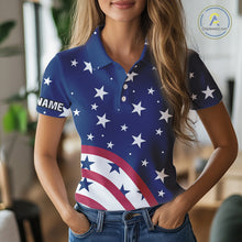 Load image into Gallery viewer, Red, White &amp; Blue stars pattern Women golf polo shirts Custom American Flag patriotic ladies golf top NQS10138
