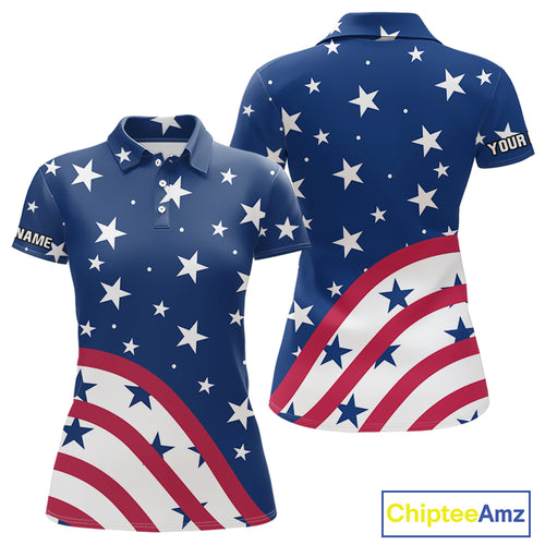 Red, White & Blue stars pattern Women golf polo shirts Custom American Flag patriotic ladies golf top NQS10138