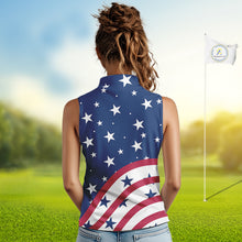 Load image into Gallery viewer, Red, White &amp; Blue stars pattern Women sleeveless polos Custom American Flag patriotic ladies golf top NQS10138