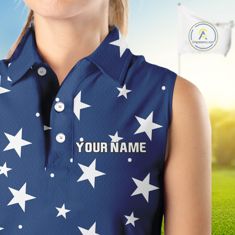 Red, White & Blue stars pattern Women sleeveless polos Custom American Flag patriotic ladies golf top NQS10138
