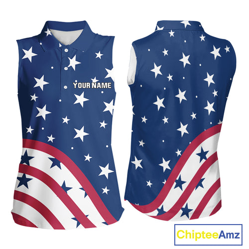 Red, White & Blue stars pattern Women sleeveless polos Custom American Flag patriotic ladies golf top NQS10138