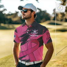 Load image into Gallery viewer, Black and Pink ribbon Men golf polo shirts Custom breast cancer American flag golf top for men NQS10140