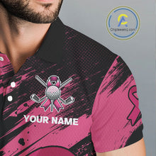 Load image into Gallery viewer, Black and Pink ribbon Men golf polo shirts Custom breast cancer American flag golf top for men NQS10140