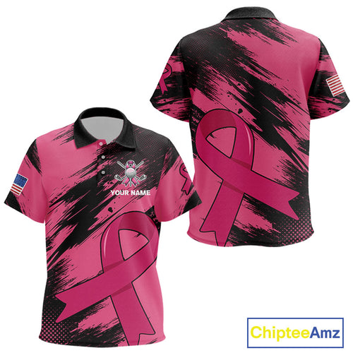 Black and Pink ribbon Kid golf polo shirts Custom breast cancer American flag golf top for Kid NQS10140