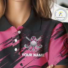 Load image into Gallery viewer, Black and Pink ribbon Women golf polo shirts Custom breast cancer American flag golf top for Women NQS10140