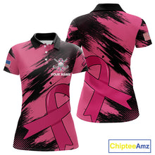Load image into Gallery viewer, Black and Pink ribbon Women golf polo shirts Custom breast cancer American flag golf top for Women NQS10140