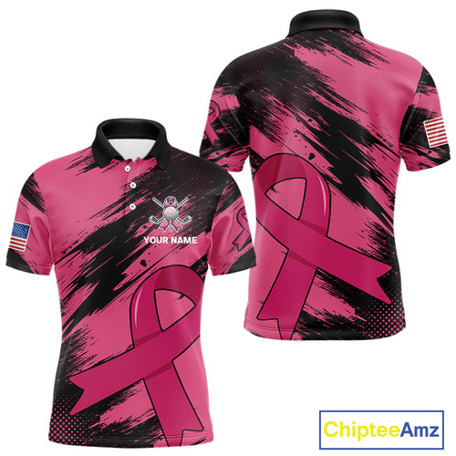 Black and Pink ribbon Men golf polo shirts Custom breast cancer American flag golf top for men NQS10140