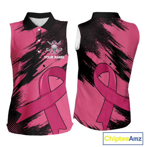 Black and Pink ribbon Women sleeveless polo shirt Custom breast cancer American flag ladies golf top NQS10140