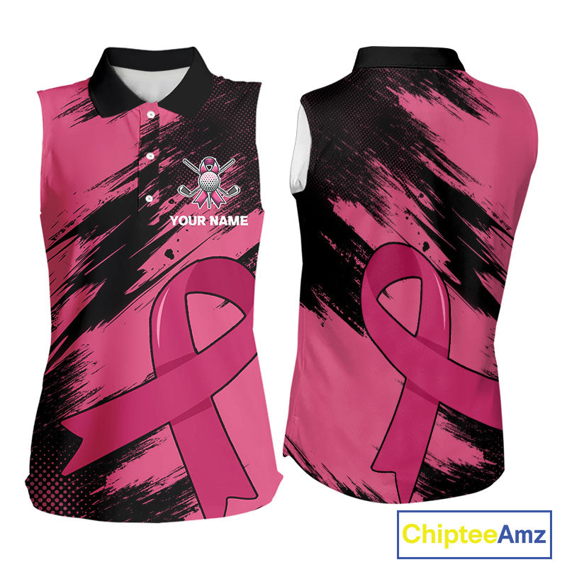 Black and Pink ribbon Women sleeveless polo shirt Custom breast cancer American flag ladies golf top NQS10140