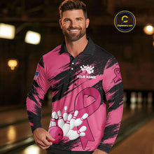 Load image into Gallery viewer, Black and Pink ribbon Bowling shirts for Men Custom breast cancer American flag bowling team jersey NQS10141