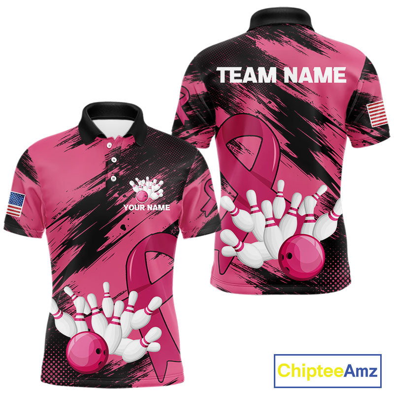 Black and Pink ribbon Bowling shirts for Men Custom breast cancer American flag bowling team jersey NQS10141