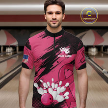 Load image into Gallery viewer, Black and Pink ribbon Bowling shirts for Men Custom breast cancer American flag bowling team jersey NQS10141