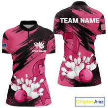 Load image into Gallery viewer, Black and Pink ribbon Bowling shirts for Women Custom breast cancer American flag bowling team jersey NQS10141