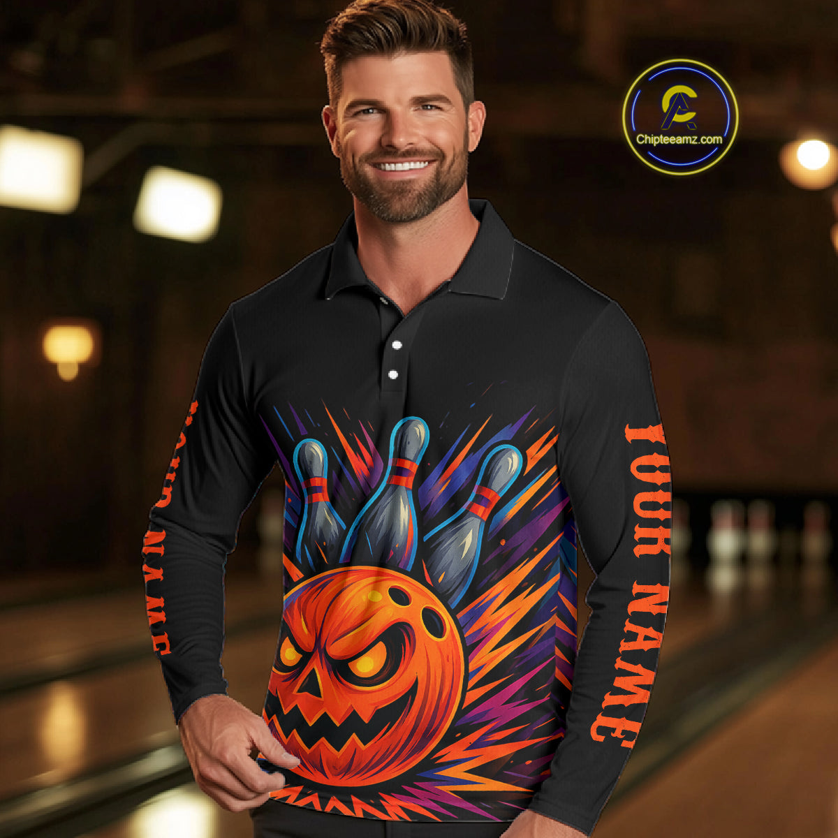 Funny Orange and Black Pumpkin Halloween Bowling Polo, 1/4 Zip Shirts For Men, Bowling Team Jersey NQS10470