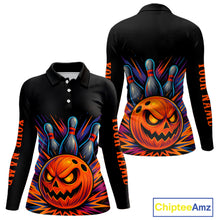 Load image into Gallery viewer, Funny Orange and Black Pumpkin Halloween Bowling Polo, 1/4 Zip Shirts For Women, Bowling Team Jersey NQS10470