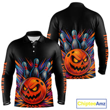 Load image into Gallery viewer, Funny Orange and Black Pumpkin Halloween Bowling Polo, 1/4 Zip Shirts For Men, Bowling Team Jersey NQS10470