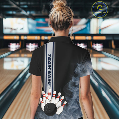 Black Smoke Bowling Polo, Quarter Zip Shirts For Women Custom Team Bowling Tournament Jerseys NQS10681