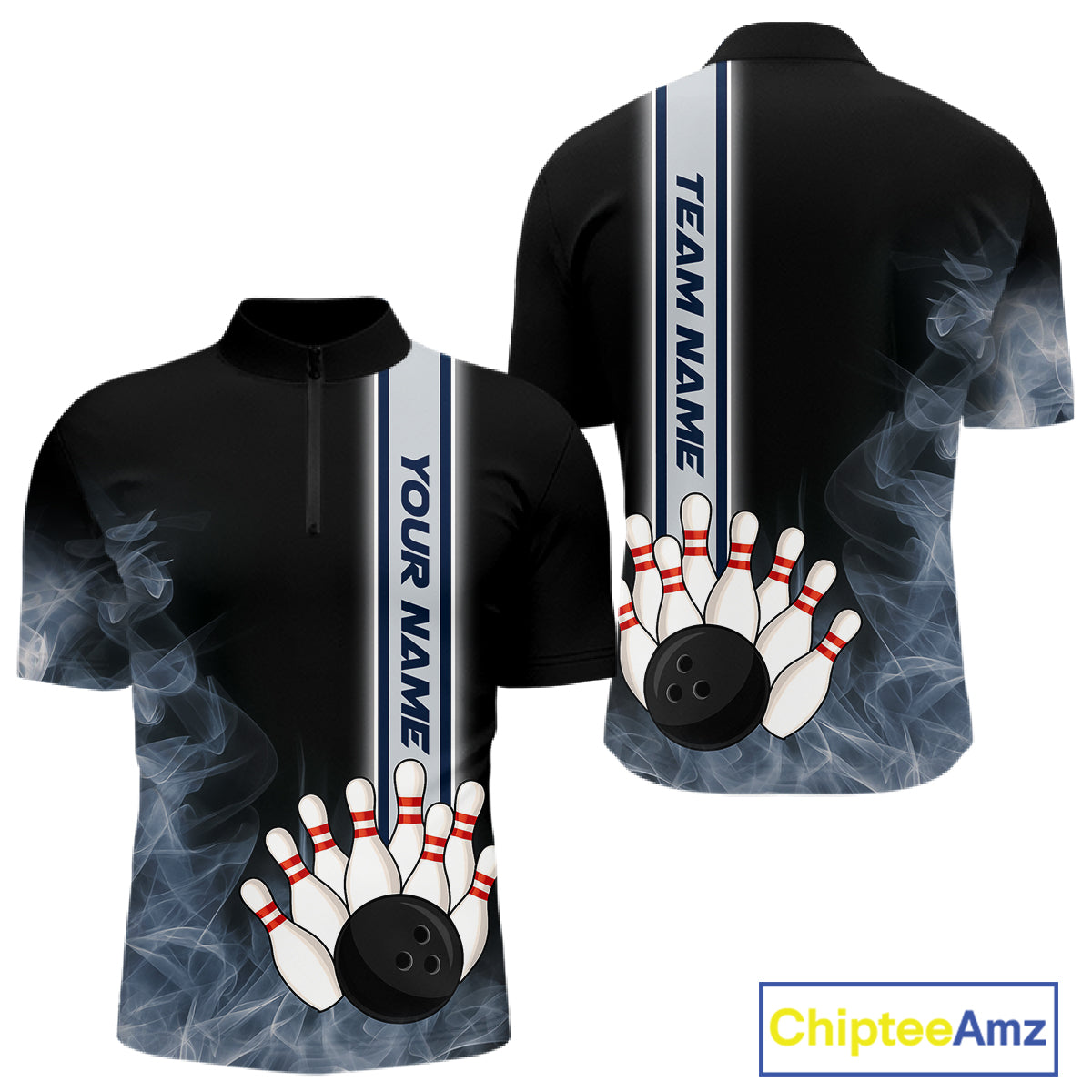 Black Smoke Bowling Polo, Quarter Zip Shirts For Men Custom Team Bowling Tournament Jerseys NQS10681