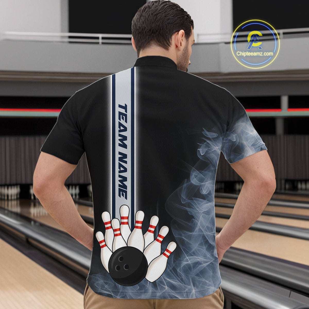 Black Smoke Bowling Polo, Quarter Zip Shirts For Men Custom Team Bowling Tournament Jerseys NQS10681