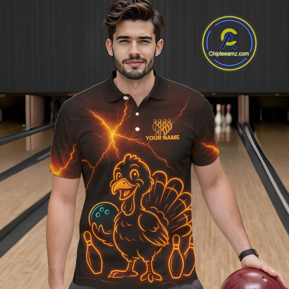 Orange Lightning Thunder Turkey Bowling Shirts For Men Custom Thanksgiving Team Bowling Jerseys NQS10682