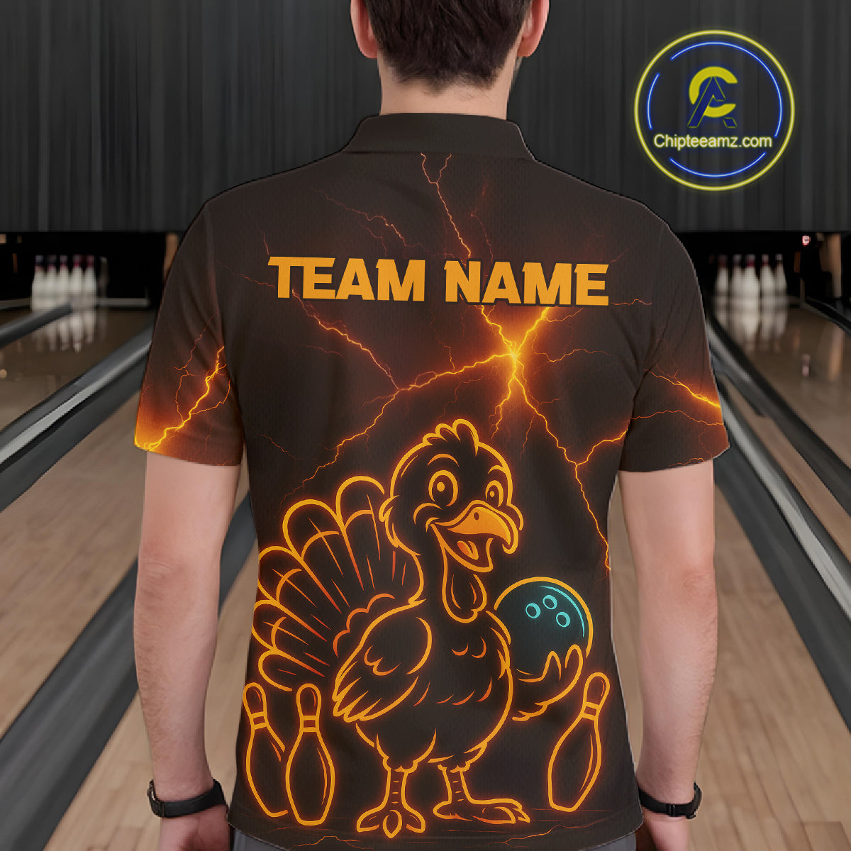 Orange Lightning Thunder Turkey Bowling Shirts For Men Custom Thanksgiving Team Bowling Jerseys NQS10682