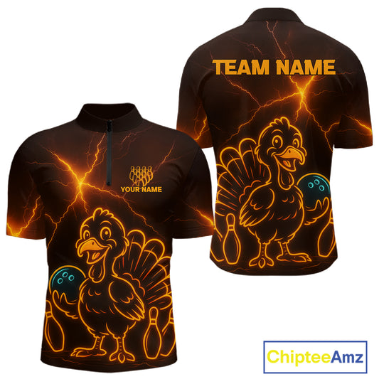 Orange Lightning Thunder Turkey Bowling Shirts For Men Custom Thanksgiving Team Bowling Jerseys NQS10682