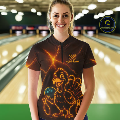 Orange Lightning Thunder Turkey Bowling Shirts For Women Custom Thanksgiving Team Bowling Jerseys NQS10682