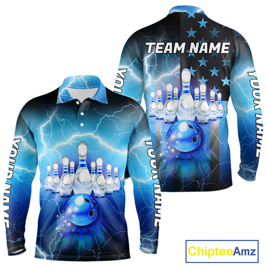 Blue lightning thunder American flag Bowling shirts for Men Custom patriotic bowling team jersey NQS10148