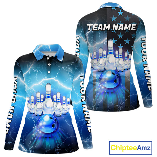 Blue lightning thunder American flag Bowling shirts for Women Custom patriotic bowling team jersey NQS10148