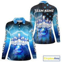Load image into Gallery viewer, Blue lightning thunder American flag Bowling shirts for Women Custom patriotic bowling team jersey NQS10148