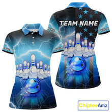 Load image into Gallery viewer, Blue lightning thunder American flag Bowling shirts for Women Custom patriotic bowling team jersey NQS10148