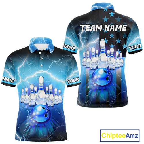 Blue lightning thunder American flag Bowling shirts for Men Custom patriotic bowling team jersey NQS10148