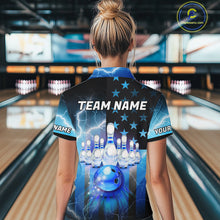 Load image into Gallery viewer, Blue lightning thunder American flag Bowling shirts for Women Custom patriotic bowling team jersey NQS10148