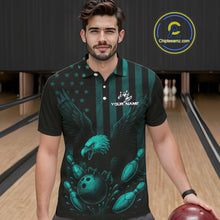 Load image into Gallery viewer, Black and Cyan Blue American Flag Eagle Bowling Shirt For Mens Custom Patriotic Team bowling jerseys NQS10478