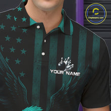 Load image into Gallery viewer, Black and Cyan Blue American Flag Eagle Bowling Shirt For Mens Custom Patriotic Team bowling jerseys NQS10478