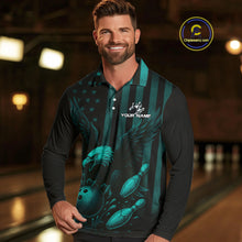Load image into Gallery viewer, Black and Cyan Blue American Flag Eagle Bowling Shirt For Mens Custom Patriotic Team bowling jerseys NQS10478