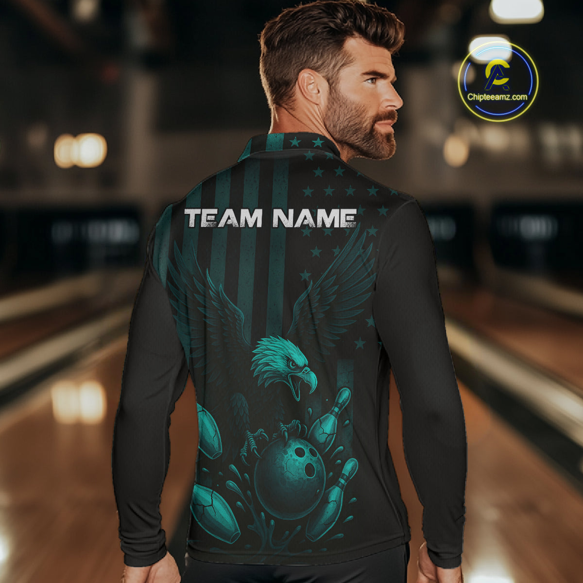 Black and Cyan Blue American Flag Eagle Bowling Shirt For Mens Custom Patriotic Team bowling jerseys NQS10478
