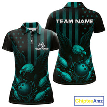 Load image into Gallery viewer, Black and Cyan Blue American Flag Eagle Bowling Shirt For Women Custom Patriotic Team bowling jerseys NQS10478