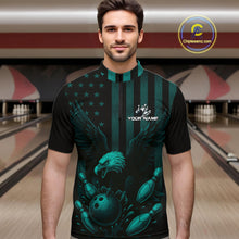 Load image into Gallery viewer, Black and Cyan Blue American Flag Eagle Bowling Shirt For Mens Custom Patriotic Team bowling jerseys NQS10478