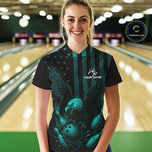 Load image into Gallery viewer, Black and Cyan Blue American Flag Eagle Bowling Shirt For Women Custom Patriotic Team bowling jerseys NQS10478