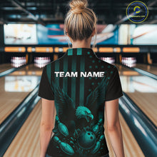 Load image into Gallery viewer, Black and Cyan Blue American Flag Eagle Bowling Shirt For Women Custom Patriotic Team bowling jerseys NQS10478