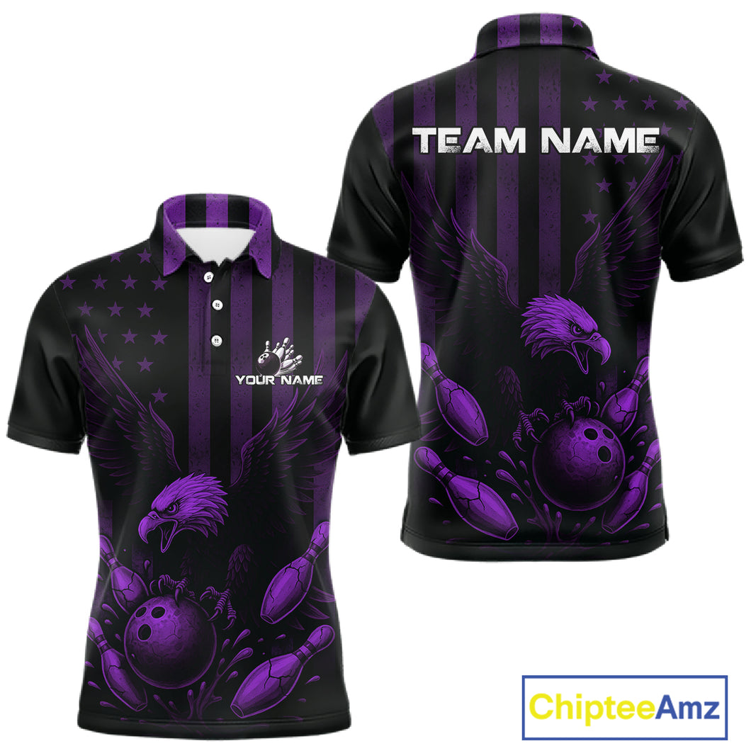 Black and Purple American Flag Eagle Bowling Shirt For Mens Custom Patriotic Team bowling jerseys NQS10479