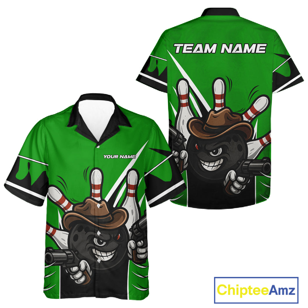 Funny Cowboy gun bowling ball and pins Bowling Hawaiian Shirt Custom bowling team jersey | Green NQS10691