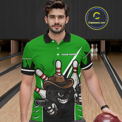 Funny Cowboy gun bowling ball and pins Bowling shirt for Men Custom bowling team jersey | Green NQS10691