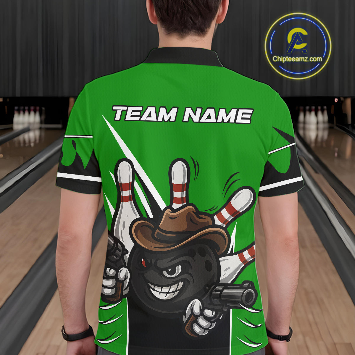 Funny Cowboy gun bowling ball and pins Bowling shirt for Men Custom bowling team jersey | Green NQS10691